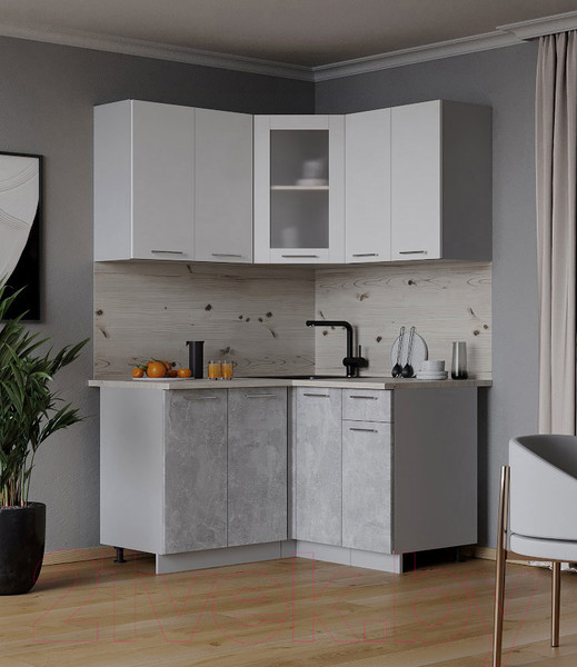 Изображение товара Кухонный гарнитур Интерлиния Мила 12x12 (белый платинум/бетон/бискайская сосна)