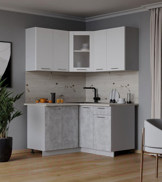 Изображение товара Кухонный гарнитур Интерлиния Мила 12x13 (белый платинум/бетон/бискайская сосна)