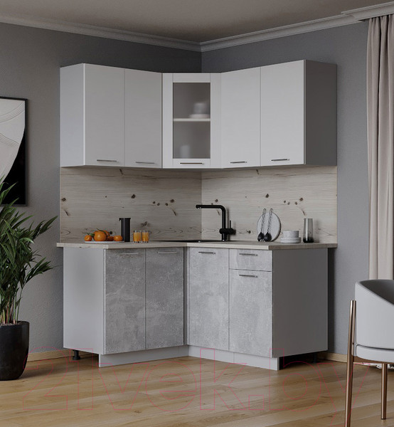 Изображение товара Кухонный гарнитур Интерлиния Мила 12x14 (белый платинум/бетон/бискайская сосна)
