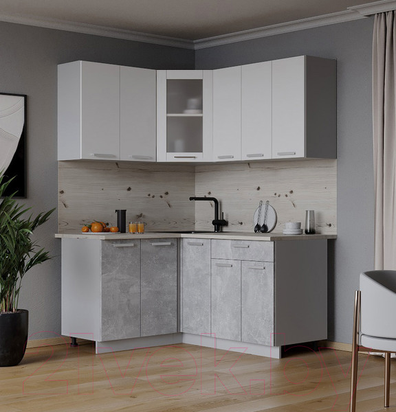 Изображение товара Кухонный гарнитур Интерлиния Мила 12x15 (белый платинум/бетон/бискайская сосна)