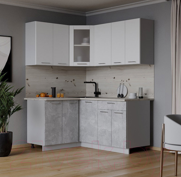 Изображение товара Кухонный гарнитур Интерлиния Мила 12x16 (белый платинум/бетон/бискайская сосна)