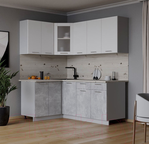 Изображение товара Кухонный гарнитур Интерлиния Мила 12x18 (белый платинум/бетон/бискайская сосна)