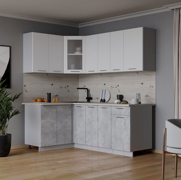 Изображение товара Кухонный гарнитур Интерлиния Мила 12x19 (белый платинум/бетон/бискайская сосна)