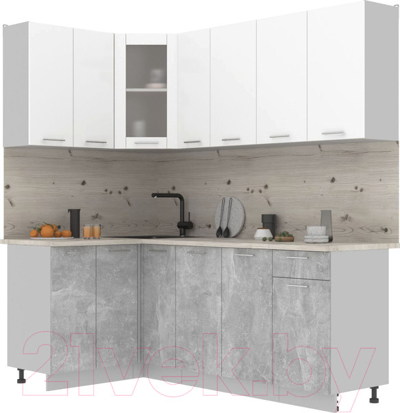 Изображение товара Кухонный гарнитур Интерлиния Мила 12x21 (белый платинум/бетон/бискайская сосна)