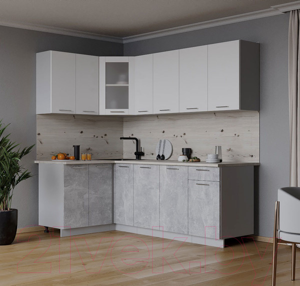 Изображение товара Кухонный гарнитур Интерлиния Мила 12x21 (белый платинум/бетон/бискайская сосна)