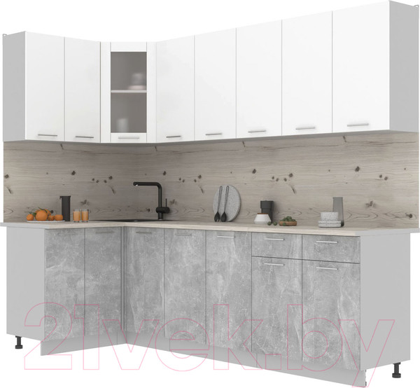 Изображение товара Кухонный гарнитур Интерлиния Мила 12x26 (белый платинум/бетон/бискайская сосна)