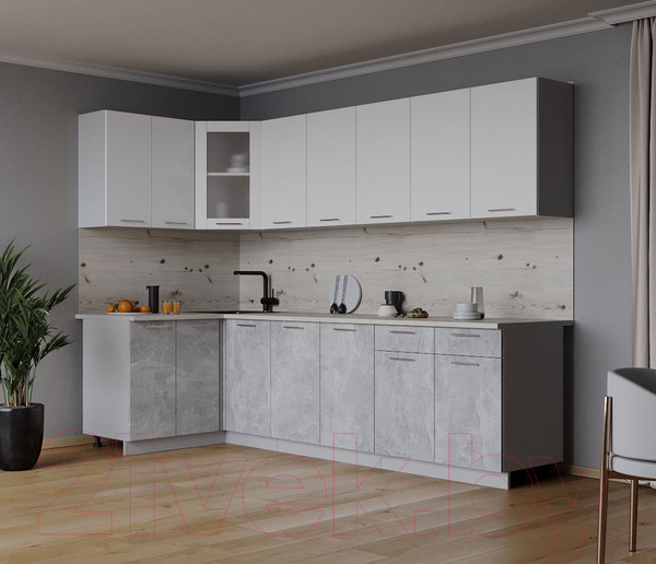 Изображение товара Кухонный гарнитур Интерлиния Мила 12x26 (белый платинум/бетон/бискайская сосна)