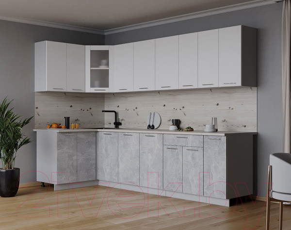 Изображение товара Кухонный гарнитур Интерлиния Мила 12x27 (белый платинум/бетон/бискайская сосна)