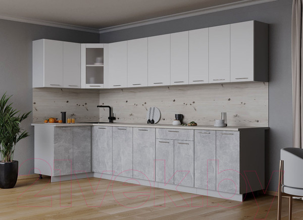 Изображение товара Кухонный гарнитур Интерлиния Мила 12x30 (белый платинум/бетон/бискайская сосна)