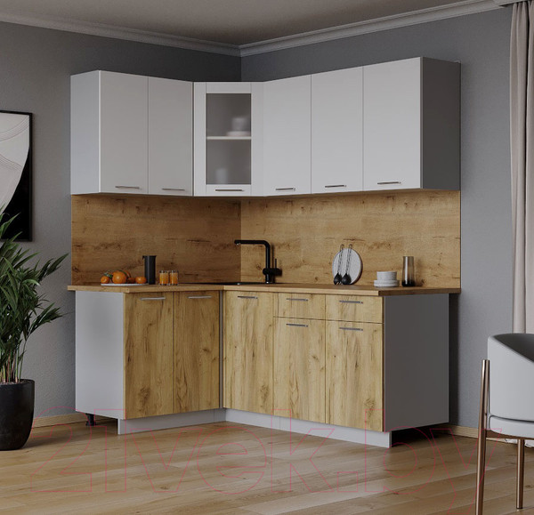 Изображение товара Кухонный гарнитур Интерлиния Мила 12x18 (белый платинум/дуб золотой/дуб бунратти)