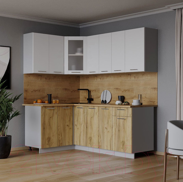 Изображение товара Кухонный гарнитур Интерлиния Мила 12x19 (белый платинум/дуб золотой/дуб бунратти)