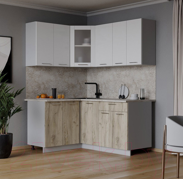 Изображение товара Кухонный гарнитур Интерлиния Мила 12x16 (белый платинум/дуб серый/опал светлый)