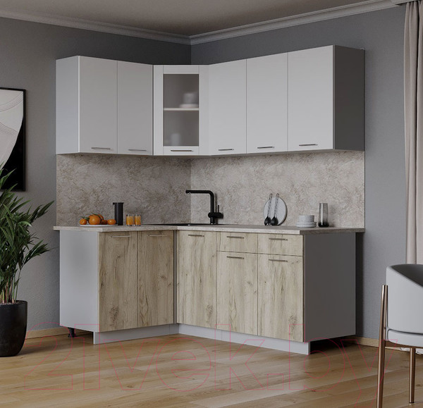 Изображение товара Кухонный гарнитур Интерлиния Мила 12x18 (белый платинум/дуб серый/опал светлый)