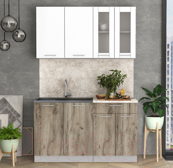 Изображение товара Кухонный гарнитур Интерлиния Мила 14 (белый платинум/дуб серый/опал светлый)