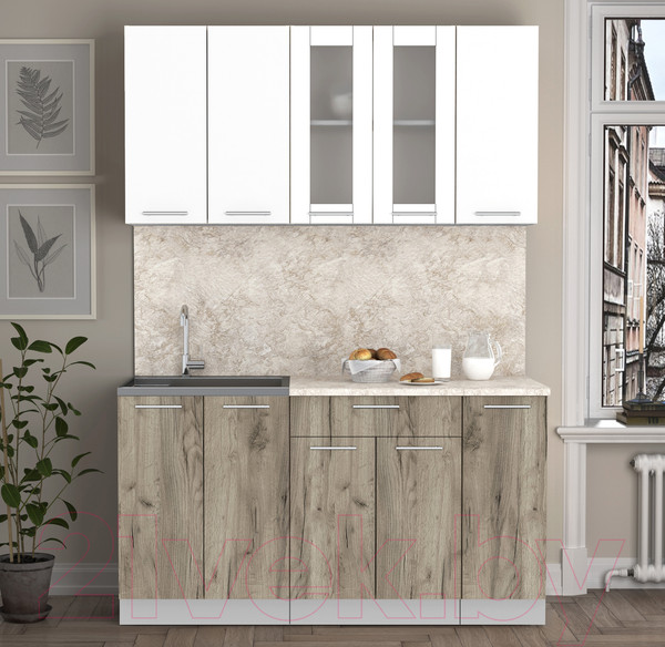 Изображение товара Кухонный гарнитур Интерлиния Мила 15 (белый платинум/дуб серый/опал светлый)