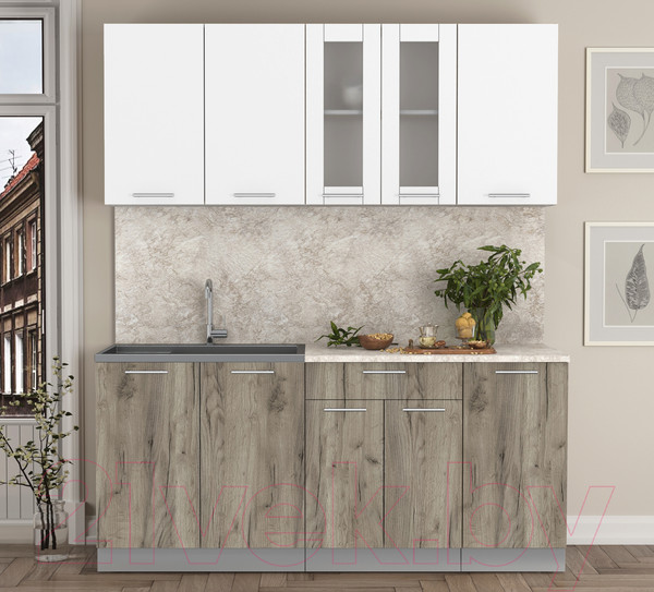 Изображение товара Кухонный гарнитур Интерлиния Мила 18 (белый платинум/дуб серый/опал светлый)