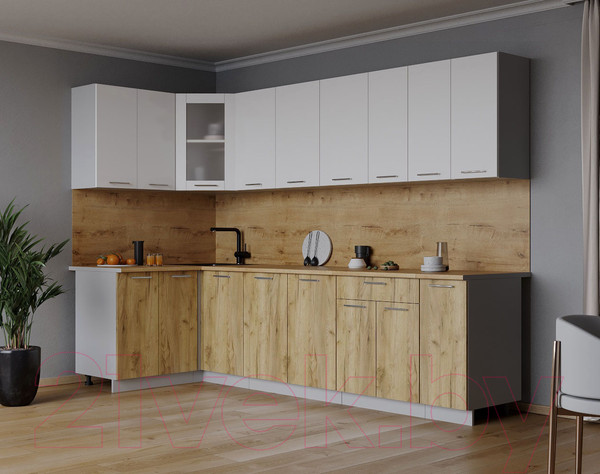 Изображение товара Кухонный гарнитур Интерлиния Мила 12x27 (белый платинум/дуб золотой/дуб бунратти)