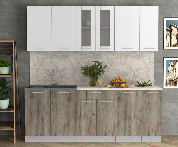 Изображение товара Кухонный гарнитур Интерлиния Мила 21 (белый платинум/дуб серый/опал светлый)
