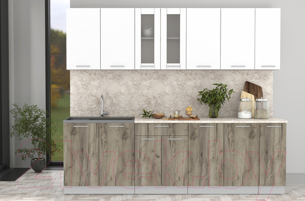 Изображение товара Кухонный гарнитур Интерлиния Мила 25 (белый платинум/дуб серый/опал светлый)