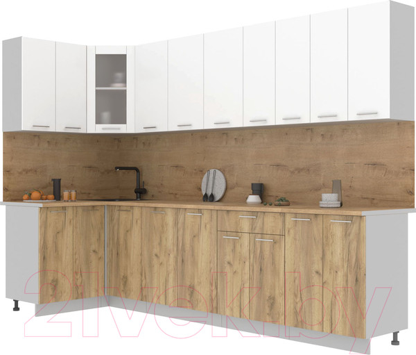 Изображение товара Кухонный гарнитур Интерлиния Мила 12x30 (белый платинум/дуб золотой/дуб бунратти)