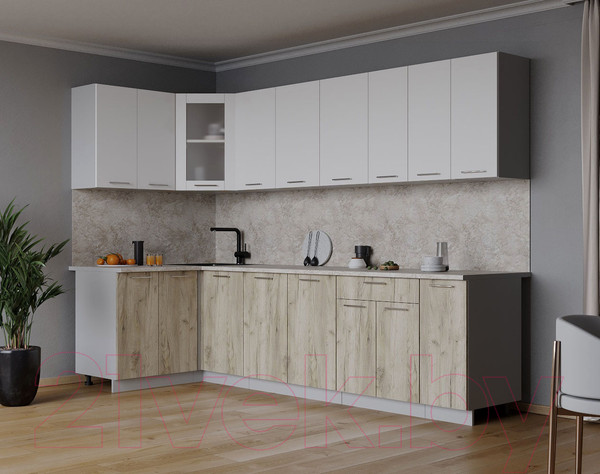 Изображение товара Кухонный гарнитур Интерлиния Мила 12x27 (белый платинум/дуб серый/опал светлый)