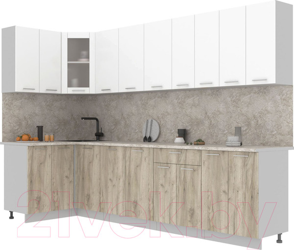 Изображение товара Кухонный гарнитур Интерлиния Мила 12x30 (белый платинум/дуб серый/опал светлый)