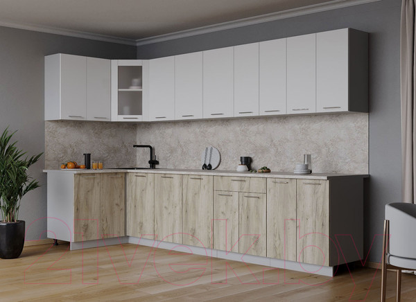 Изображение товара Кухонный гарнитур Интерлиния Мила 12x30 (белый платинум/дуб серый/опал светлый)