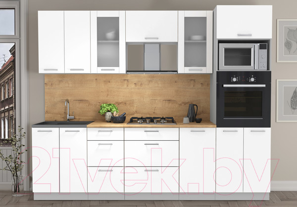 Изображение товара Кухонный гарнитур Интерлиния Мила 2.6 ВТ (белый платинум/белый платинум/дуб бунратти)
