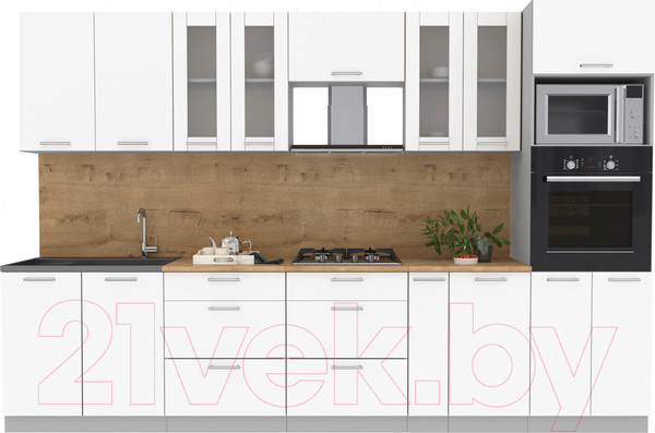 Изображение товара Кухонный гарнитур Интерлиния Мила 3.2 ВТ (белый платинум/белый платинум/дуб бунратти)