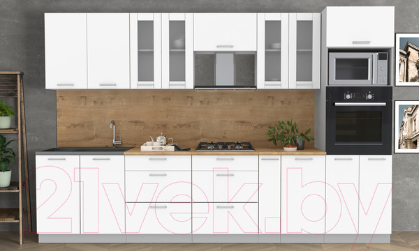 Изображение товара Кухонный гарнитур Интерлиния Мила 3.2 ВТ (белый платинум/белый платинум/дуб бунратти)