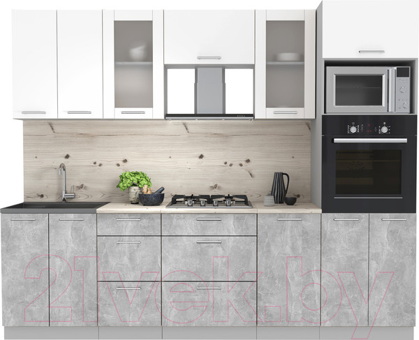 Изображение товара Кухонный гарнитур Интерлиния Мила 2.6 ВТ (белый платинум/бетон/бискайская сосна)