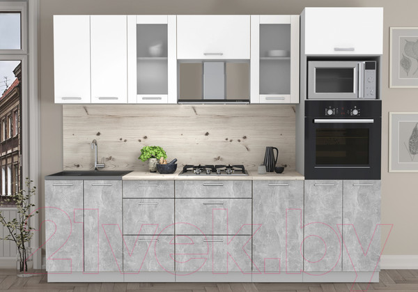 Изображение товара Кухонный гарнитур Интерлиния Мила 2.6 ВТ (белый платинум/бетон/бискайская сосна)