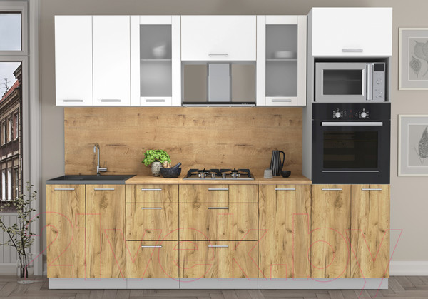 Изображение товара Кухонный гарнитур Интерлиния Мила 2.6 ВТ (белый платинум/дуб золотой/дуб бунратти)