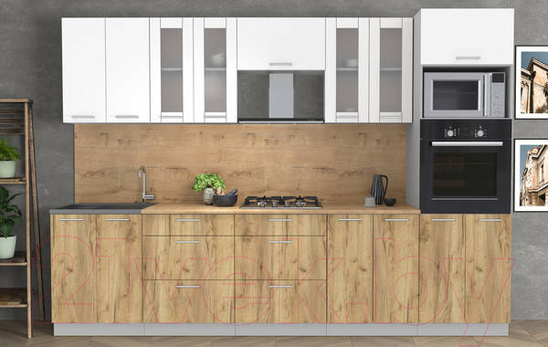 Изображение товара Кухонный гарнитур Интерлиния Мила 3.0 ВТ (белый платинум/дуб золотой/дуб бунратти)