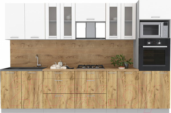 Изображение товара Кухонный гарнитур Интерлиния Мила 3.2 ВТ (белый платинум/дуб золотой/дуб бунратти)