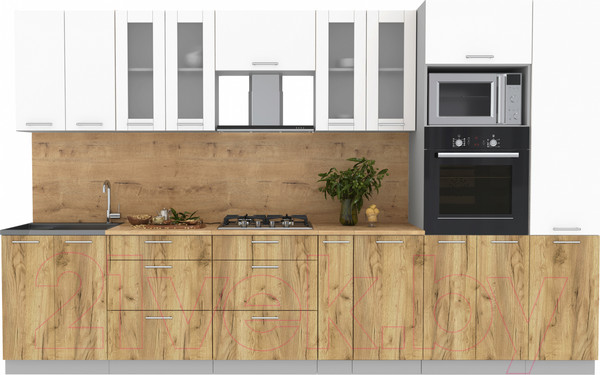 Изображение товара Кухонный гарнитур Интерлиния Мила 3.4 ВТ (белый платинум/дуб золотой/дуб бунратти)