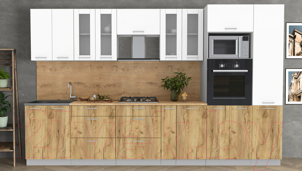 Изображение товара Кухонный гарнитур Интерлиния Мила 3.4 ВТ (белый платинум/дуб золотой/дуб бунратти)