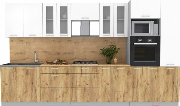 Изображение товара Кухонный гарнитур Интерлиния Мила 3.6 ВТ (белый платинум/дуб золотой/дуб бунратти)