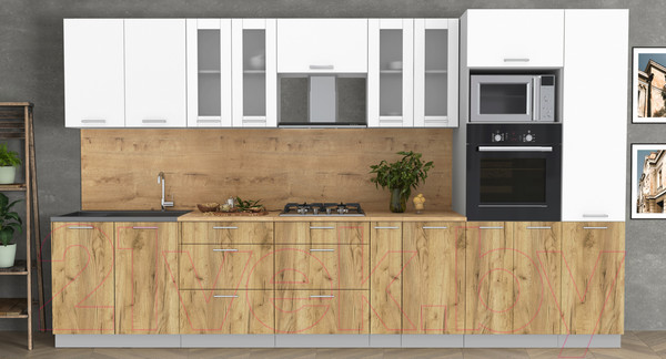 Изображение товара Кухонный гарнитур Интерлиния Мила 3.6 ВТ (белый платинум/дуб золотой/дуб бунратти)