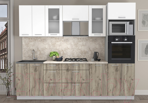 Изображение товара Кухонный гарнитур Интерлиния Мила 2.6 ВТ (белый платинум/дуб серый/опал светлый)