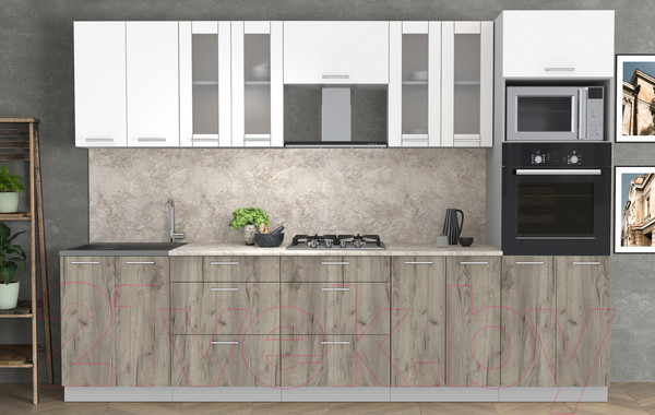 Изображение товара Кухонный гарнитур Интерлиния Мила 3.0 ВТ (белый платинум/дуб серый/опал светлый)