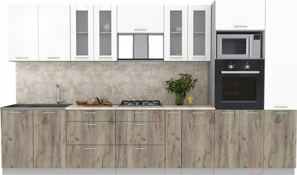 Изображение товара Кухонный гарнитур Интерлиния Мила 3.6 ВТ (белый платинум/дуб серый/опал светлый)