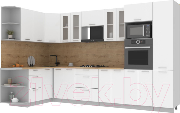 Изображение товара Кухонный гарнитур Интерлиния Мила 1.68x3.4 левая (белый платинум/белый платинум/дуб бунратти)