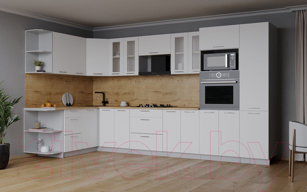 Изображение товара Кухонный гарнитур Интерлиния Мила 1.68x3.4 левая (белый платинум/белый платинум/дуб бунратти)