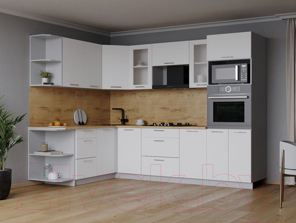 Изображение товара Кухонный гарнитур Интерлиния Мила 1.68x2.6 левая (белый платинум/белый платинум/дуб бунратти)