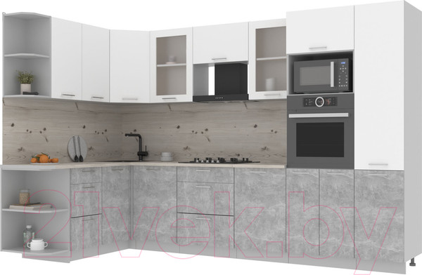 Изображение товара Кухонный гарнитур Интерлиния Мила 1.68x3.2 левая (белый платинум/бетон/бискайская сосна)