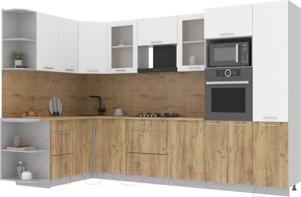 Изображение товара Кухонный гарнитур Интерлиния Мила 1.68x3.2 левая (белый платинум/дуб золотой/дуб бунратти)