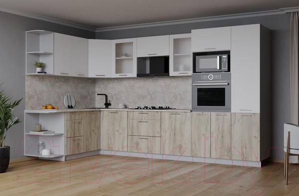 Изображение товара Кухонный гарнитур Интерлиния Мила 1.68x3.2 левая (белый платинум/дуб серый/опал светлый)