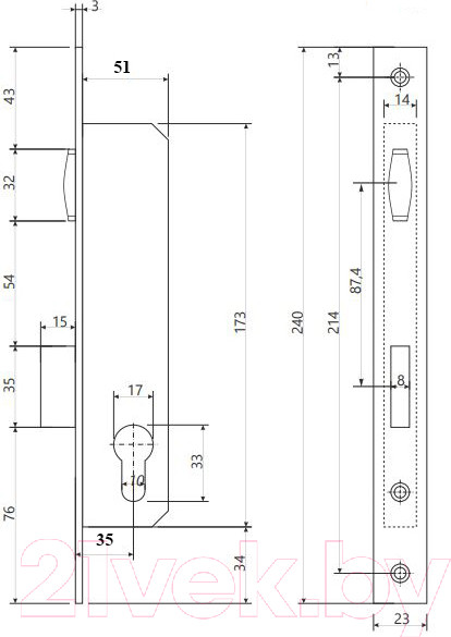 Изображение товара Замок врезной VELA 153-35-R (ролик)