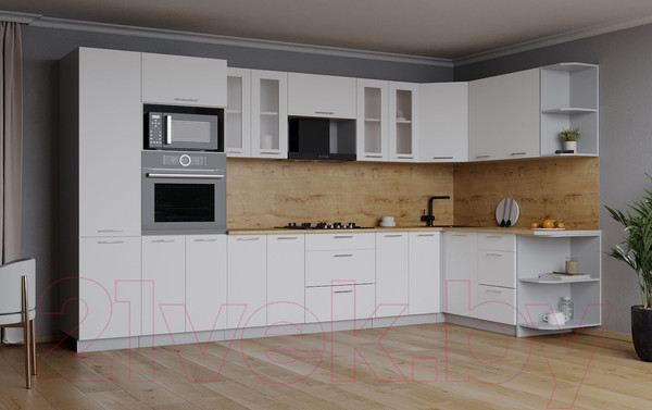 Изображение товара Кухонный гарнитур Интерлиния Мила 1.68x3.4 правая (белый платинум/белый платинум/дуб бунратти)